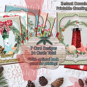 Set of 14 Christmas Lighthouse Greeting Cards, Digital Printable Christmas Card, Holiday Card Set