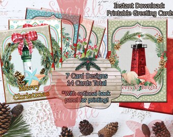 Set of 14 Christmas Lighthouse Greeting Cards, Digital Printable Christmas Card, Holiday Card Set