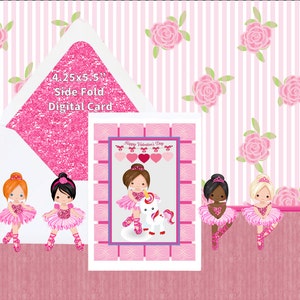 Morena bailarina unicornio tarjeta de San Valentín fucsia rosa brillo brillo Tu Tu Ballet Dance- Imprimible- Descarga instantánea