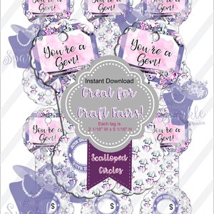 You&#39;re a Gem Scalloped Jewelry Cards,Fold Over Tags,Necklace Cards,Hang Tags,Digital Price Tags,Printable Craft Fair Tags:Instant Download