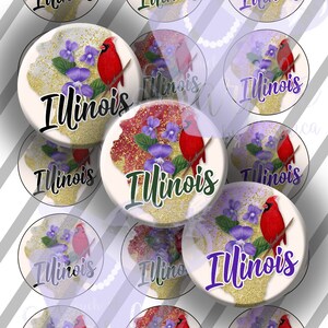 illinois Landkarte violette Blume und nördlicher Kardinal Vogel Digitale Flaschenverschlüsse Bilder, 1 Zoll (25mm) Kreise: Sofort Download