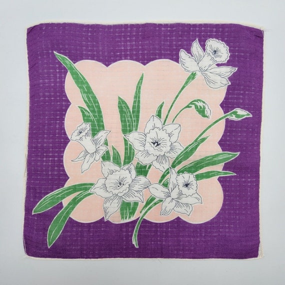 Vtg Hankie Handkerchief Printed Purple Pink Green… - image 1