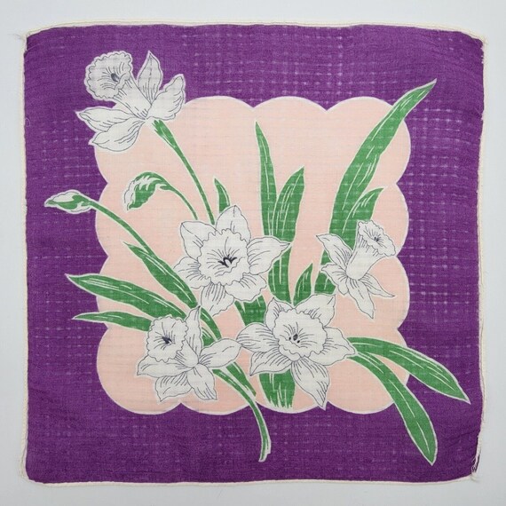 Vtg Hankie Handkerchief Printed Purple Pink Green… - image 2