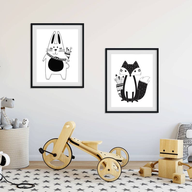 Black and White Fox Print Nursery Wall Art Woodland Print | Etsy