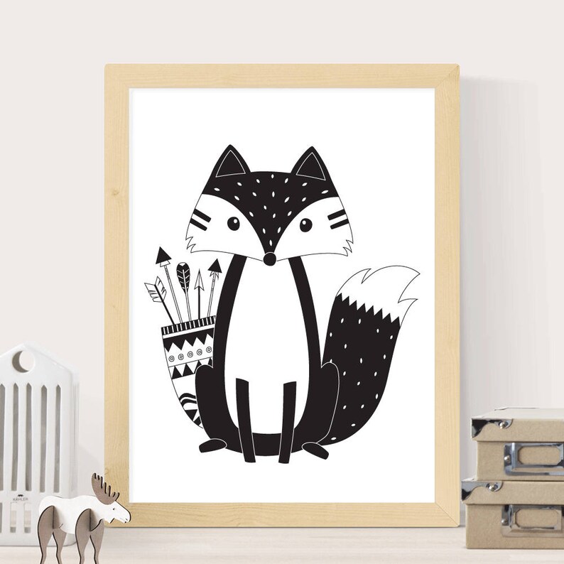Black and White Fox Print Nursery Wall Art Woodland Print | Etsy
