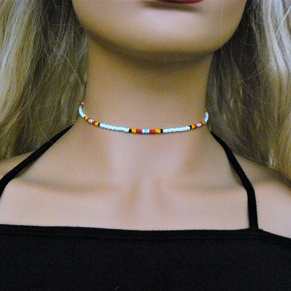 White Beaded Choker, Native American Indian Inspired Southwestern Style