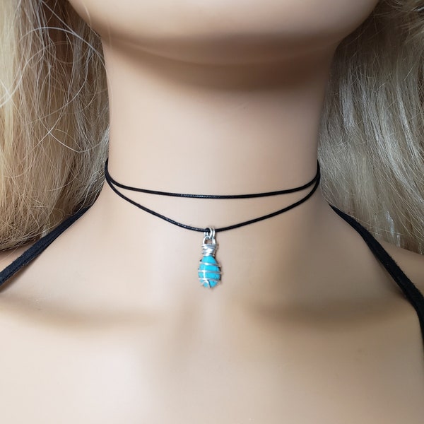 Double Layered Turquoise Blue Choker Necklace, Thin Cord Choker, Black Choker, Hippie Necklace, Boho Choker, Minimalists Choker