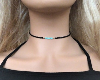 Black Choker Necklace Turquoise Gold Accent Beads Black Beaded Choker Gift for Girl Teen Women Dainty Tiny Beaded Necklace Trendy Chokers