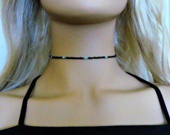 Boho Black Beaded Choker Necklace Blue Silver Seed Bead Choker Boho Chic Simply Dainty Trendy Chokers