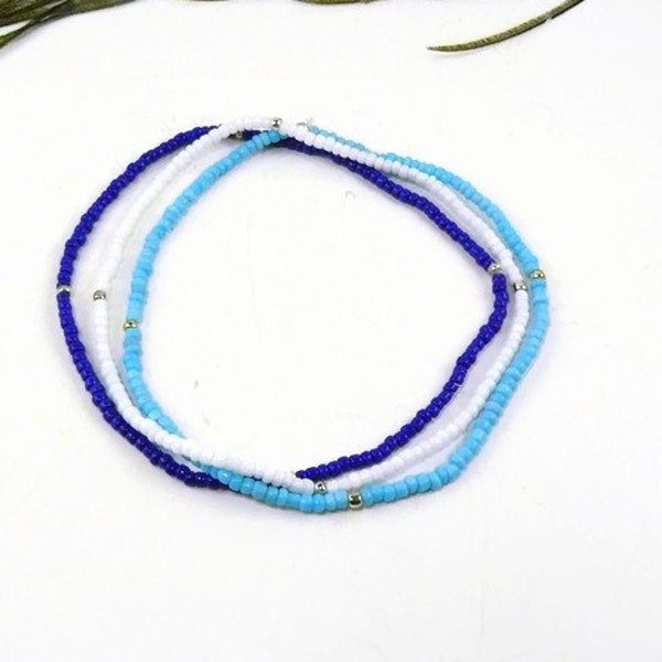 Set of 3 Seed Bead Ankle Bracelets White Blue Turquoise Silver Accents Bohemian Beach Anklets Foot Jewelry Gift for Women Girl Teen