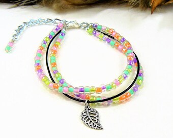 Multi Strand Boho Bracelet, Seed Bead Bracelet, Beaded Boho Wrap, Multi Color Bracelet, Single Wrap, Beaded Bracelet, Beaded Leather Wrap