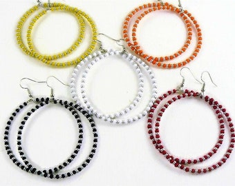 Large Beaded Hoop Earrings, Big Hoop Earrings, White, Black, Silver, Large Boho Hoop Earrings, Seed Bead Earrings, Trendy Earrings for Her