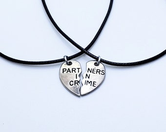 Partners in Crime Matching Heart Necklace Set, Gift for Best Friend, Matching Friendship, Black Cord Necklace