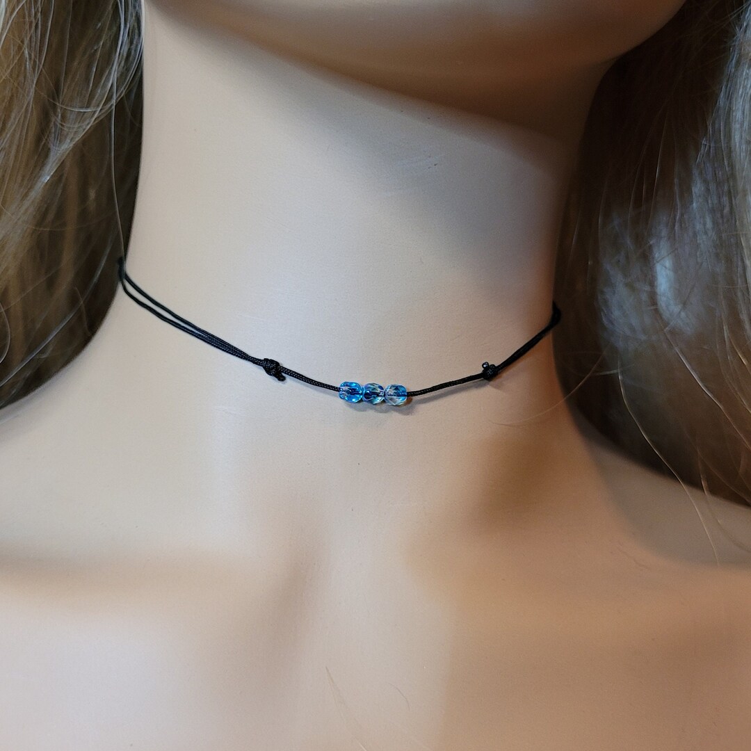 Blue Crystal Cord Choker Necklace, Black Cord Choker, Beaded Choker
