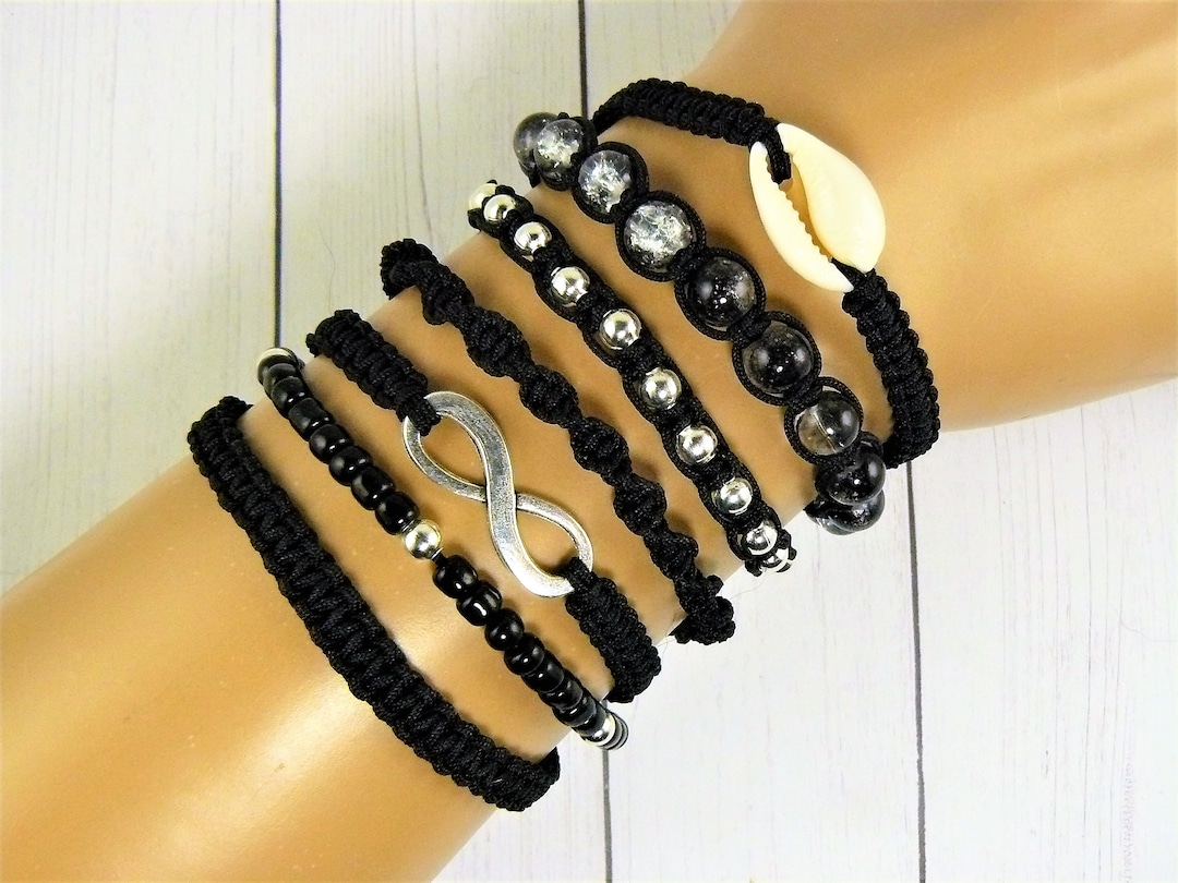 Black String Friendship Bracelets Set of 7 Infinity String Bracelet