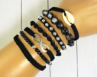 Bracciali di amicizia con stringa nera Set di 7 bracciali a stringa infinita Cowrie Shell Gioielli braccialetto impilabile Set bracciale bianco argento nero