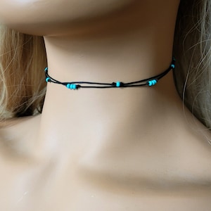 Double Layered Black Cord Choker Necklace, Blue Beaded Choker, Minimalist Choker, Thin Cord Choker, Boho Hippie Choker Trendy Choker