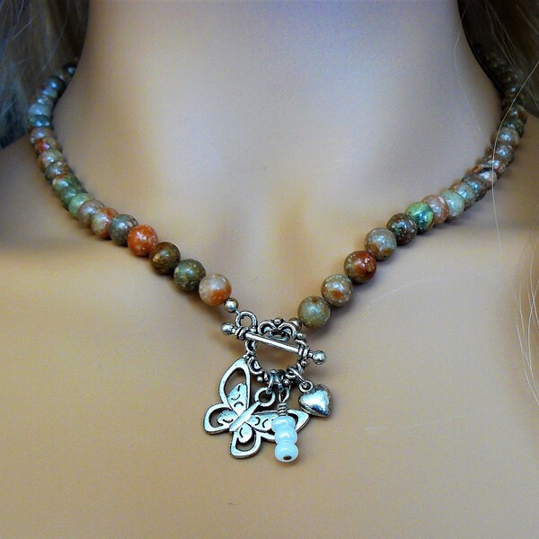 Silver Butterfly Necklace Beaded Gemstone Necklace Silver Butterfly Charm Gemstone Jewelry  Butterfly Jewelry Necklace Choker Necklace