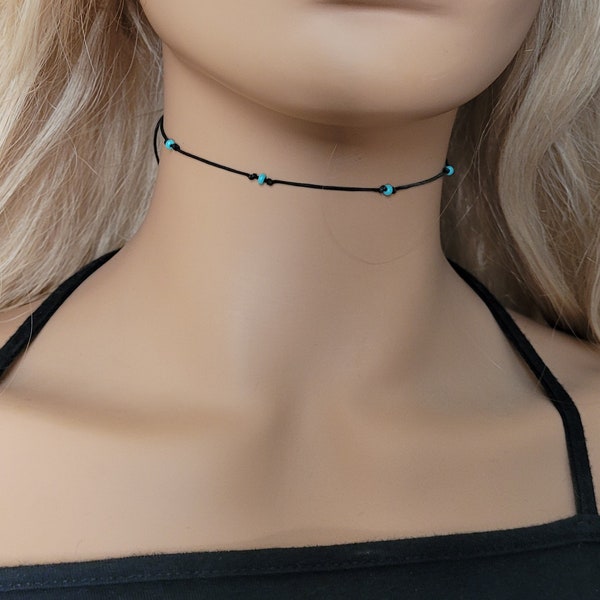 Thin Beaded Cord Choker Necklace, Tiny Beaded Necklace, Waterproof, Black Choker, Boho Dainty Simple, Beach Jewelry, Trendy Chokers