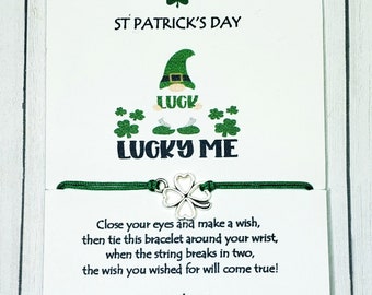 Lucky Me St Patricks Day Card, Friendship Bracelet, Party Favors, Good Luck Bracelet, Make a Wish, St Pattys Day Gifts, Four Leaf Clover