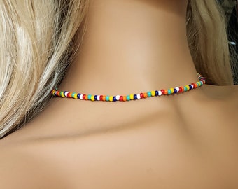 rainbow beaded choker colorful seed bead choker rainbow choker necklace glass bead choker seed bead choker dainty delicate simple