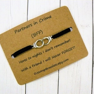 Partners in Crime Wish Bracelet Silver Handcuff Macrame Bracelet BFF Gift Handcuffs Shackles Irons Arm Cuffs Black Woven Bracelet