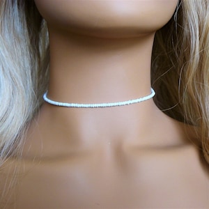 Dainty White Beaded Choker Necklace, Beachy Summer Jewelry, Adjustable Necklace, Minimalist Choker, Seed Bead Choker, Beach, Summer Gift