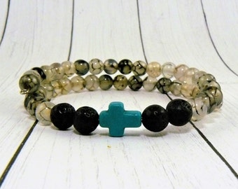Pulseira difusora de óleos essenciais com contas de arame de memória e cruz turquesa, pulseira de pedra vulcânica preta, pulseira de pedra preciosa Dragon Vien.