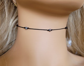 Dragon Vein Beaded Cord Choker Necklace, Thin Cord Choker, Gemstone Choker, Minimalist Choker, Boho Choker, Hippie Necklace, Black Choker