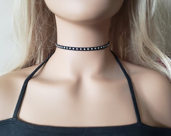 Studded Black Choker Necklace, Silver Studded Leather Choker, Black Leather Chokers for Women Teens and Girls, Unisex Jewelry