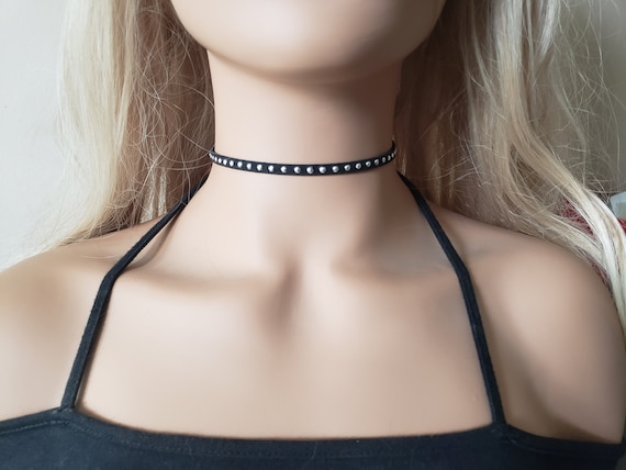 Studded Black Choker Necklace, Silver Studded Leather Choker, Black Leather Chokers  for Women Teens and Girls, Unisex Jewelry 