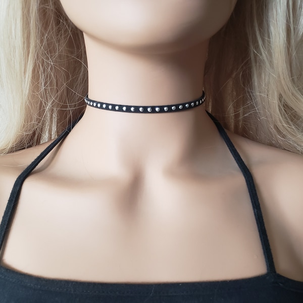 Studded Black Choker Necklace, Silver Studded Leather Choker, Black Leather Chokers for Women Teens and Girls, Unisex Jewelry