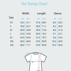 K&ouml;nnte beinhalten: Eine T-Shirt-Gr&ouml;&szlig;entabelle mit Ma&szlig;en in Zoll und Zentimetern. Die Gr&ouml;&szlig;en reichen von XS bis 3XL, mit entsprechenden Breiten-, L&auml;ngen- und &Auml;rmelma&szlig;en. Eine T-Shirt-Skizze zeigt die Messpunkte.