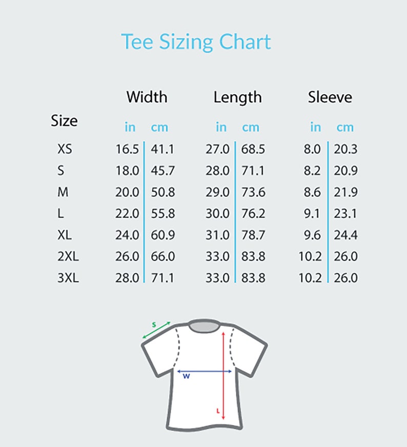 K&ouml;nnte beinhalten: Eine T-Shirt-Gr&ouml;&szlig;entabelle mit Ma&szlig;en in Zoll und Zentimetern. Die Gr&ouml;&szlig;en reichen von XS bis 3XL, mit entsprechenden Breiten-, L&auml;ngen- und &Auml;rmelma&szlig;en. Eine T-Shirt-Skizze zeigt die Messpunkte.