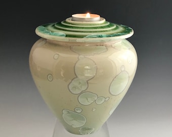 Celebration of Life Candle Urn, Crystalline Ceramic Cremation Vessel for Ashes,  Treasury or Pet Memorial Urn