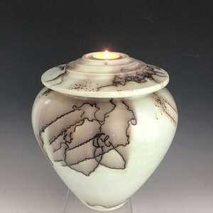 Handmade Cremation Urn for Ashes, Horsehair Raku Pottery, Candle Celebration of Life Funeral Vessel, Unique, Japanese