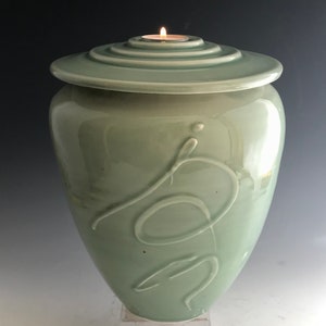 Cremation Urn for Ashes, Celadon Large Candle Funeral Vessel,  SacredUrnsEtc by Susan Fontaine Pottery