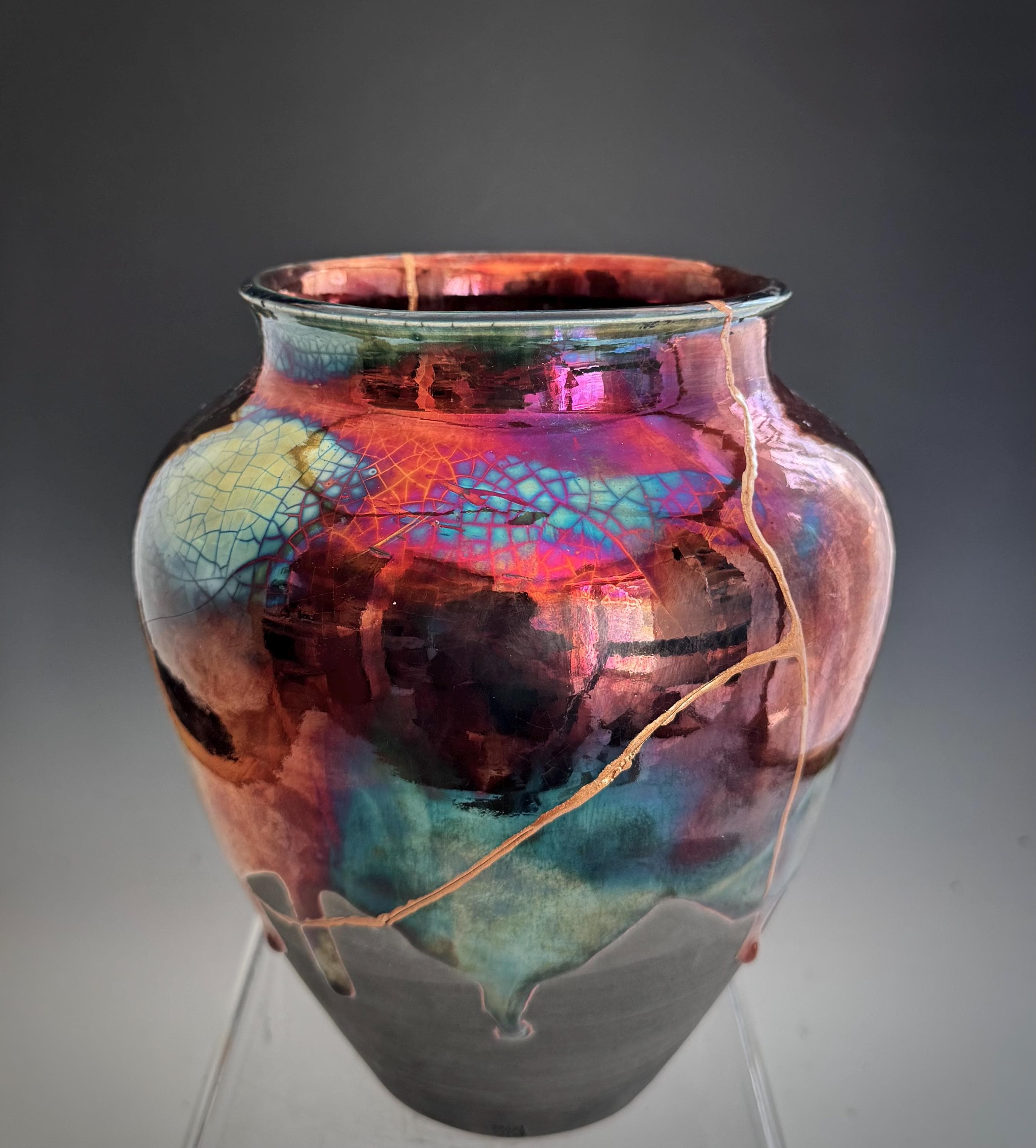 24 hr, reserve Nancy Copper Glaze Raku Vase, Kintsugi Decorative Ceramic Pottery, SacredUrnsEtc by Susan Fontaine Pottery