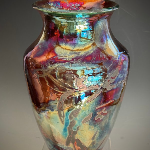 Copper Glaze Raku Vase, Decorative Orcid Design, Ceramic Pottery, SacredUrnsEtc by Susan Fontaine Pottery