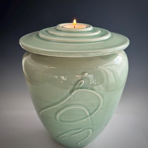 Large Celadon Ceramic Cremation Urn: Handmade Celebration of Life Candle Holder