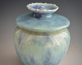 Small Blue Flower Offering Cremation Urn, Handmade Ceramic Memorial for Human Ashes