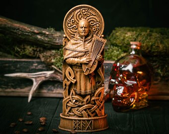 Bragi statue, norse gods, wood carving altar heathen asatru viking god and goddes sculpture wooden scandinavian pantheon