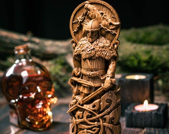 Tyr, Wood, Norse pantheon, viking pagan asatru heathen god and goddess Scandinavian gods altar mythology wood sculpture, Fenrir, Odin, Wotan