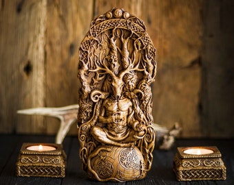 Cernunnos, Cernun, wood horned god, celtic god, altar statue, pagan god, wiccan, druid