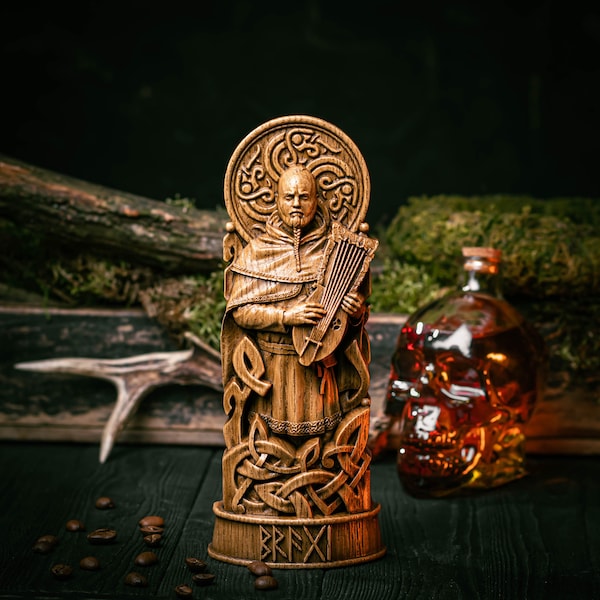 Bragi statue, norse gods, wood carving altar heathen asatru viking god and goddes sculpture wooden scandinavian pantheon