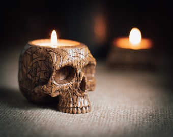 Wooden, Candle holder, candlestick, Celtic, norse, home altar, skull, Wicca, druid, witches, gaelic, handmade