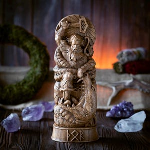 Thor Statue – Norse God Wood Carving with Mjollnir – Viking Pagan Altar Sculpture – Handmade Asatru Norse Mythology Decor