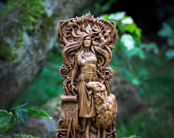 Hand Carved Oak Wood Brigid Statuette: Celtic Goddess Altar Decor