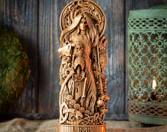 Hel Statue – Norse Goddess of Death – Oak Wood Handmade Sculpture – Pagan Altar Decor | Mythology & Viking Spiritual Art