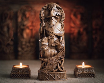 Estatua de Odín, Allfather, Wotan, dioses nórdicos, talla de madera altar pagano asatru dios vikingo y goddes escultura de madera panteón escandinavo